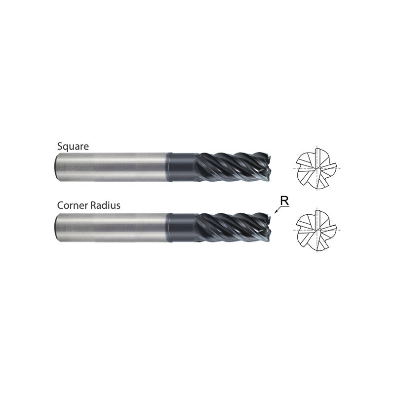 5 Flute Extended Length Carbide TitaNox-POWER End Mills Corner Radius UGMH07 Series .090/.125/.190/.250