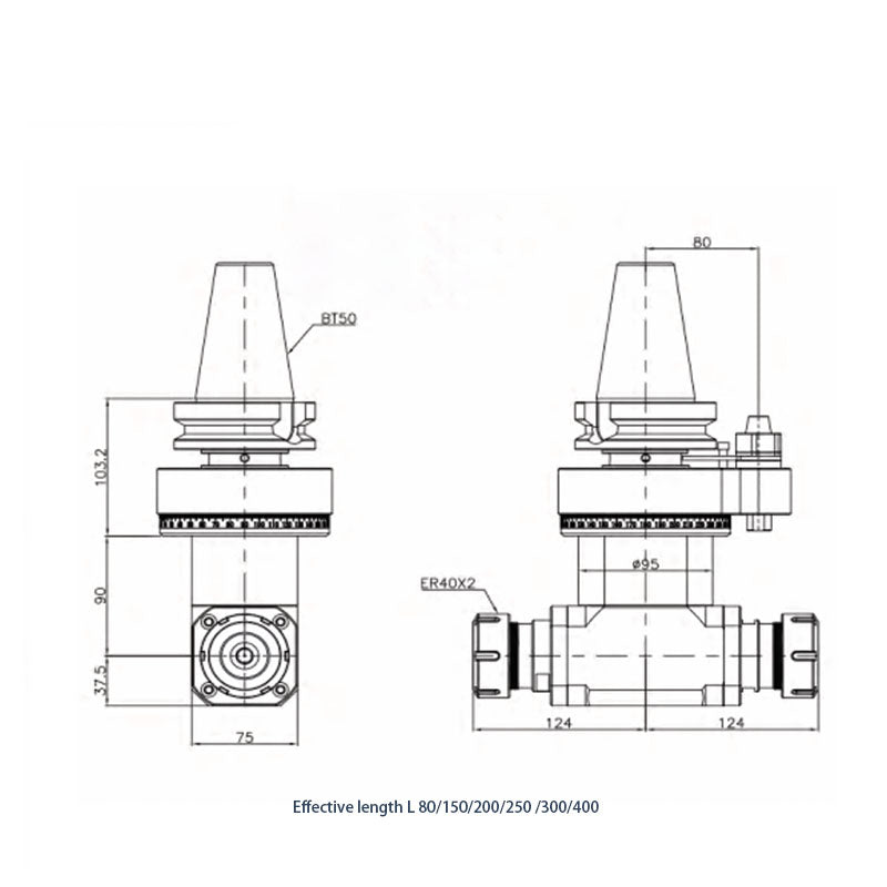 90-ER40x2 Double head Double outlet type 90° Angle Head