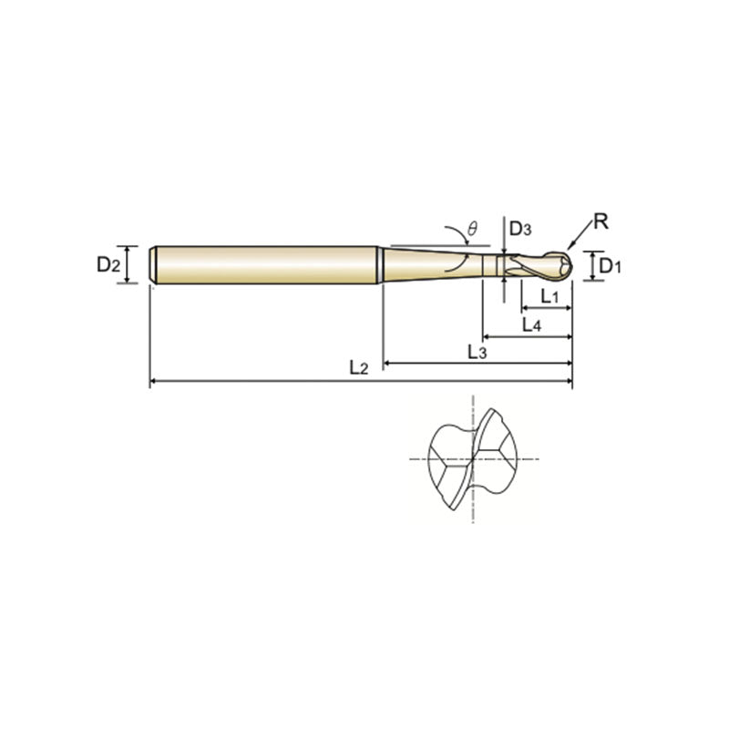Carbide X1-EH End Mills Plain Shank HPI92 Series 2 Flute Ball Nose for Rib Processing with Taper Neck HPI92811~HPI92833
