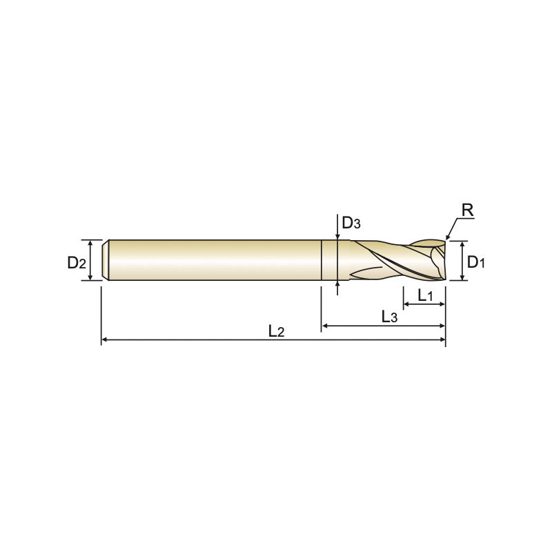 Carbide X5070 End Mills Plain Shank G8A36 Series 2 Flute Stub Length of Cut, with Corner Radius and Extended Neck (METRIC)