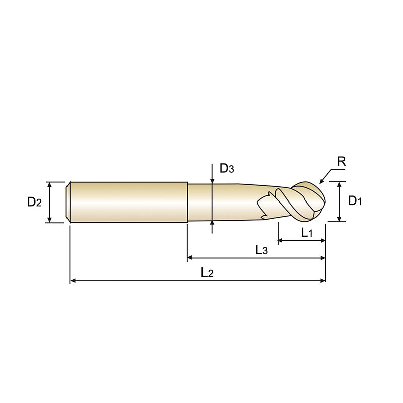 Flat Shank E5974 Series , Carbide, 2 Flute 50° Helix Stub Cut Length Ball Nose with Neck ALU-POWER HPC End Mills 1/4～3/4