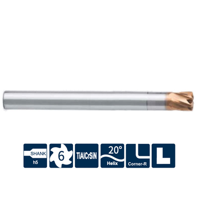 G-FH200-RH6-H 6 Flutes, Corner Radius, with Long Shank Length