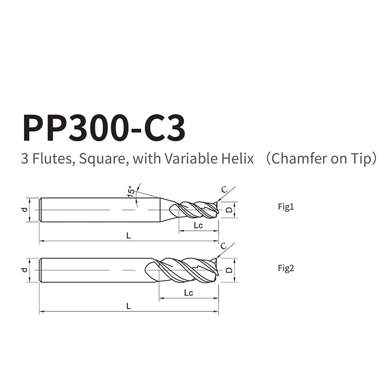 G-PP300-C3  3 Flutes, Square, with Variable Helix （Chamfer on Tip）