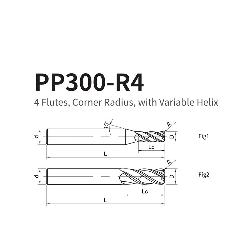 G-PP300-R4 4 Flutes, Corner Radius, with Variable Helix