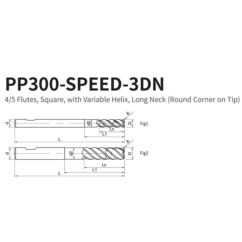 G-PP300-SPEED-3DN  4/5 Flutes, Square, with Variable Helix, Long Neck (Round Corner on Tip)