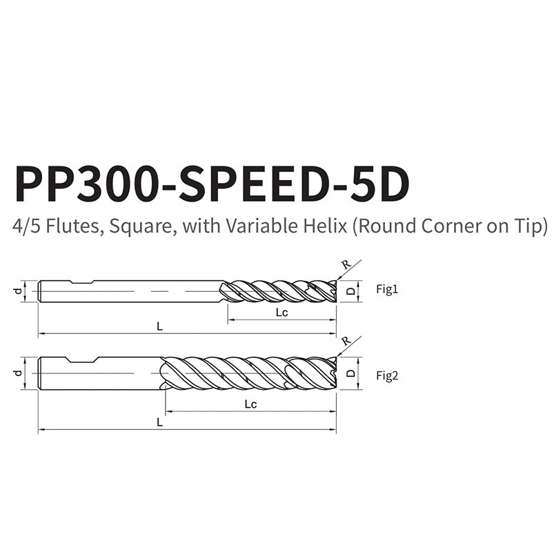 G-PP300-SPEED-5D  4/5 Flutes, Square, with Variable Helix (Round Corner on Tip)