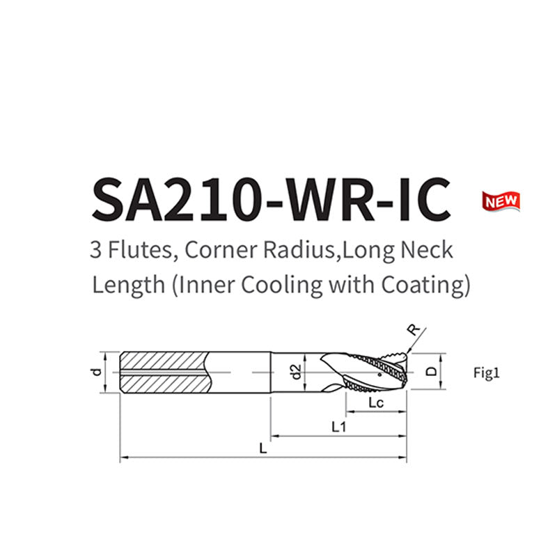 G-SA210-WR-IC  3 Flutes, Corner Radius,Long Neck Length (Inner Cooling with Coating)