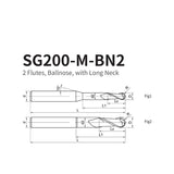 G-SG200-M-BN2 2 Flute Ballnose End Reduce Neck Coated Endmills