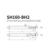 G-SH160-BH2 2 Flutes, Ballnose, with Long Shank Length