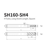 G-SH160-SH4  4 Flutes, Long Shank Length, Square