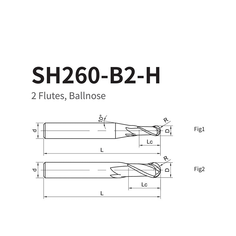 G-SH260-B2-H  2 Flutes, Ballnose