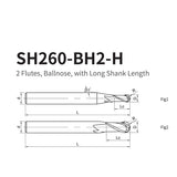 G-SH260-BH2-H  2 Flutes, Ballnose, with Long Shank Length