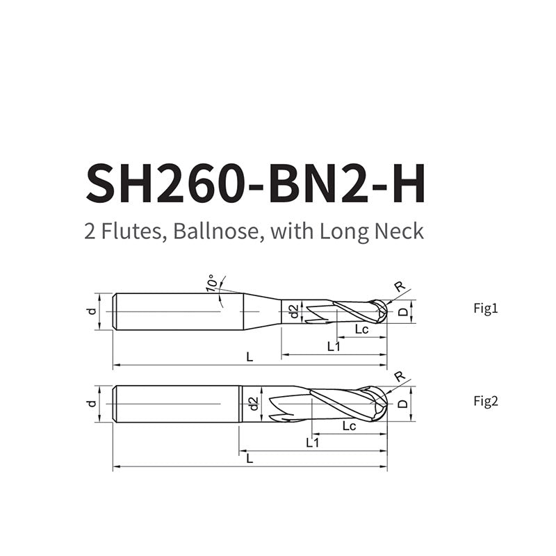 G-SH260-BN2-H  2 Flutes, Ballnose, with Long Neck