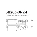 G-SH260-BN2-H  2 Flutes, Ballnose, with Long Neck