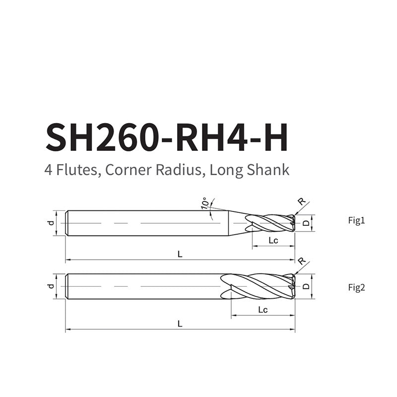 G-SH260-RH4-H  4 Flutes, Corner Radius, Long Shank