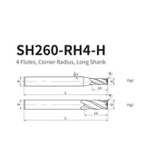 G-SH260-RH4-H  4 Flutes, Corner Radius, Long Shank