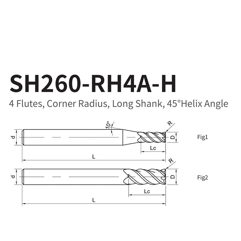 G-SH260-RH4A-H  4 Flutes, Corner Radius, Long Shank, 45°Helix Angle