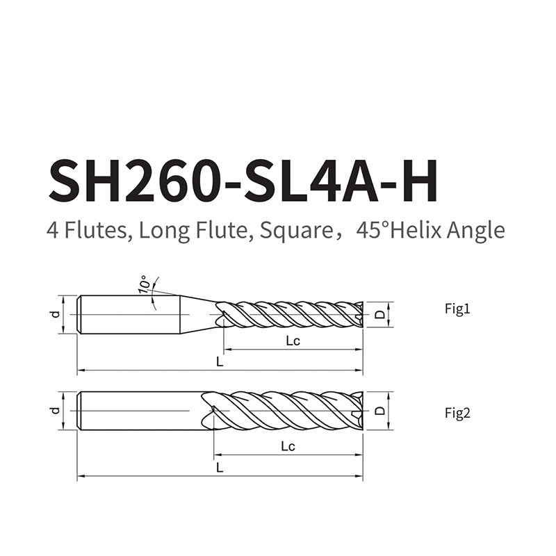 G-SH260-SL4A-H  4 Flutes, Long Flute, Square，45°Helix Angle