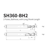 G-SH360-BH2  2 Flutes, Ballnose, with Long Shank Length