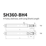 G-SH360-BH4  4 Flutes, Ballnose, with Long Shank Length