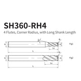 G-SH360-RH4  4 Flutes, Corner Radius, with Long Shank Length