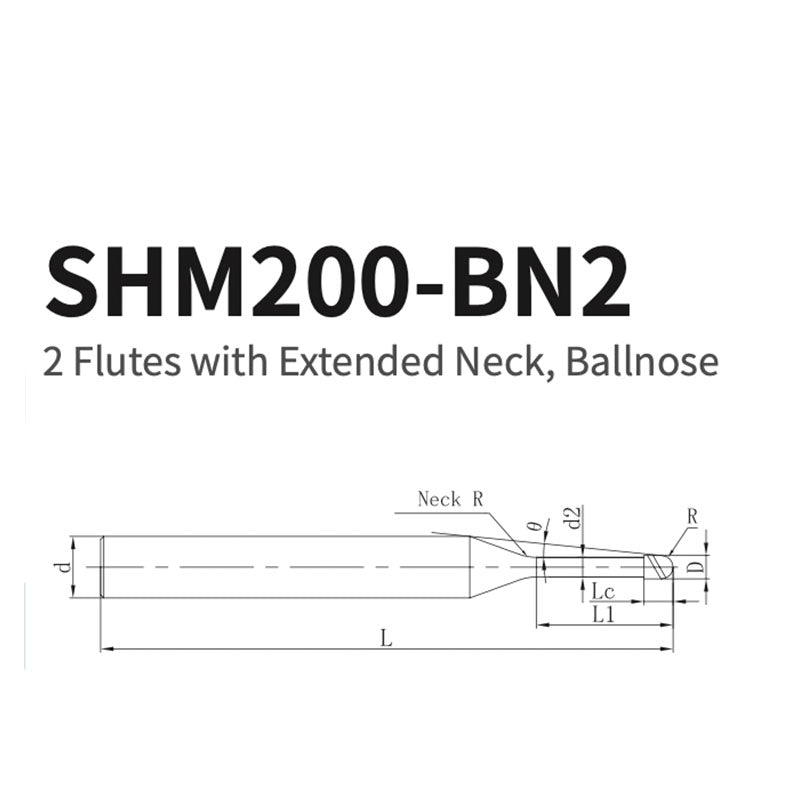 G-SHM200-BN2 2 Flutes with Extended Neck, Ballnose D0.1~0.6