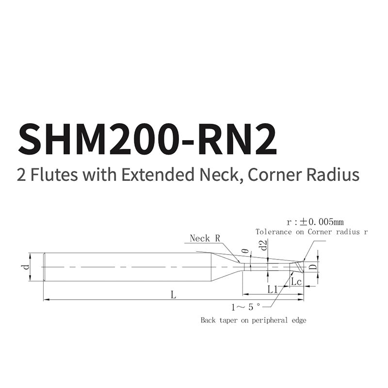 G-SHM200-RN2 2 Flutes with Extended Neck, Corner Radius D1~1.5