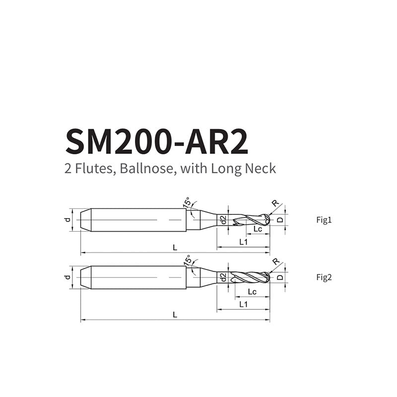 G-SM200-AR2 2 Flutes, Ballnose, with Long Neck