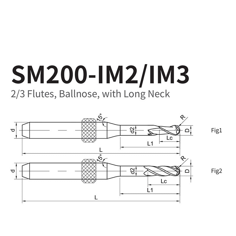 G-SM200-IM2/IM3  2/3 Flutes, Ballnose, with Long Neck Special equipment：250i