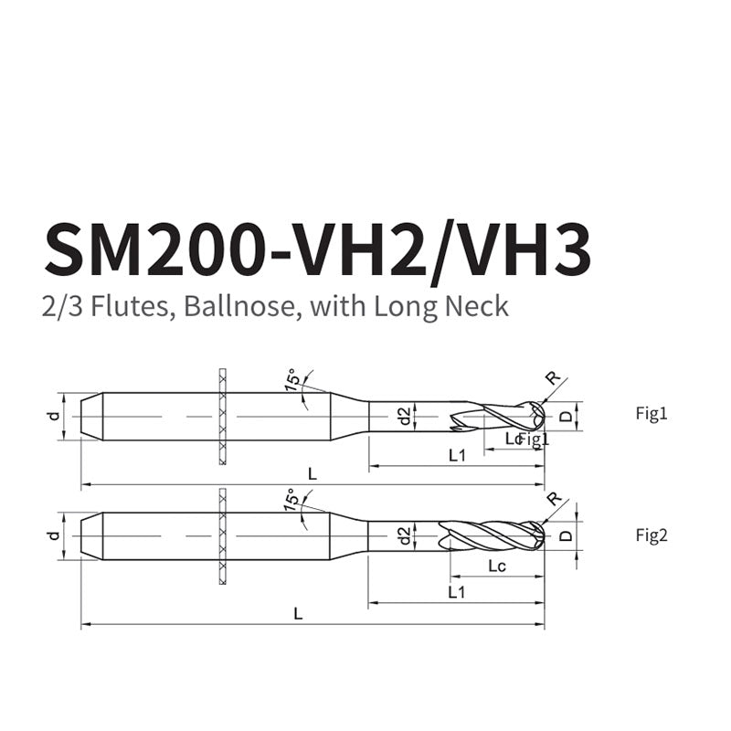 G-SM200-VH2/VH3   2/3 Flutes, Ballnose, with Long Neck  Interchangeable equipment：5Axes，Wieland，Brux  Zir，EzMill，Jensen