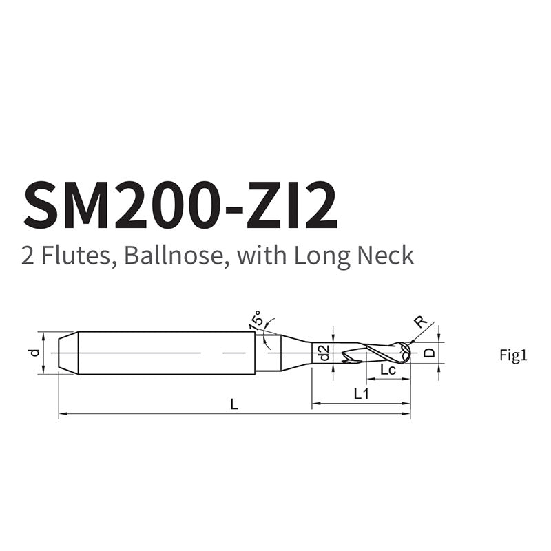 G-SM200-ZI2  2 Flutes, Ballnose, with Long Neck  Special equipment：M1