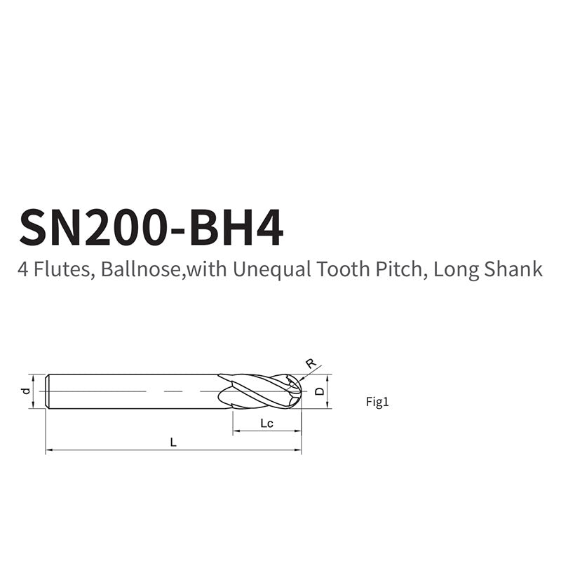 G-SN200-BH4  4 Flutes, Ballnose,with Unequal Tooth Pitch, Long Shank