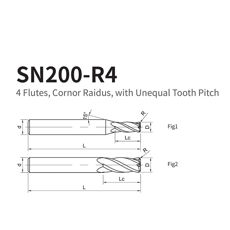 G-SN200-R4 4 Flutes, Cornor Raidus, with Unequal Tooth Pitch