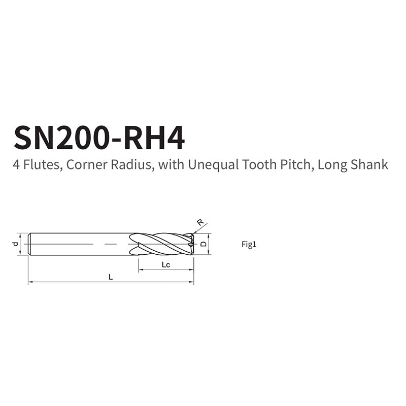 G-SN200-RH4  4 Flutes, Corner Radius, with Unequal Tooth Pitch, Long Shank