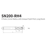 G-SN200-RH4  4 Flutes, Corner Radius, with Unequal Tooth Pitch, Long Shank