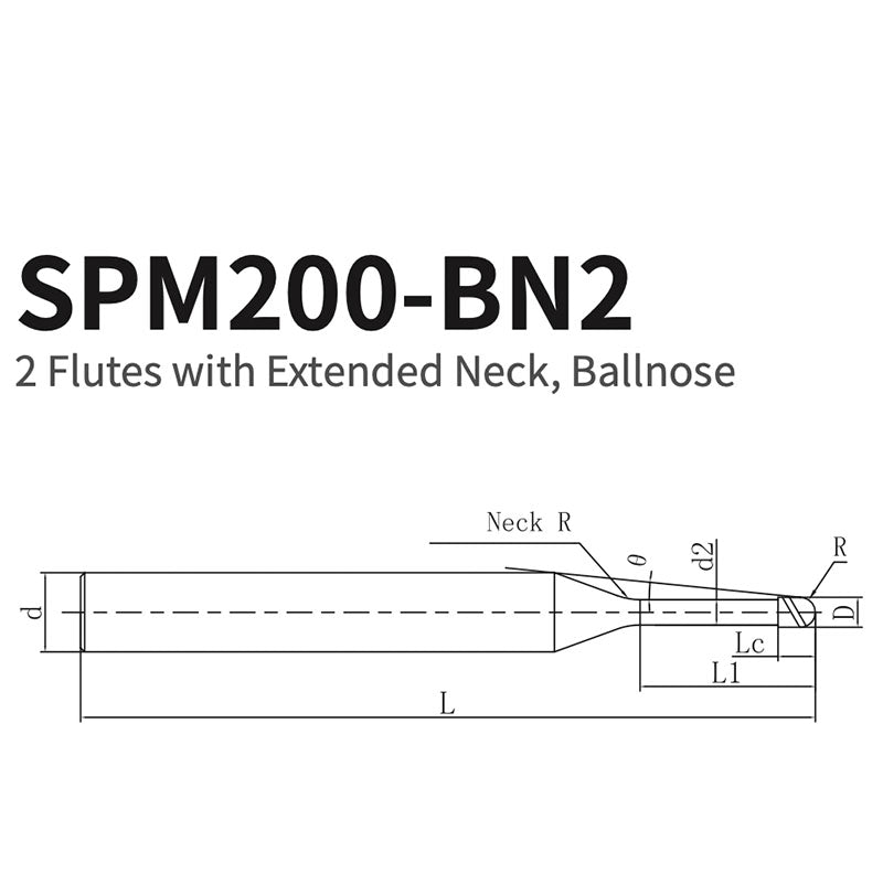 G-SPM200-BN2 2 Flutes with Extended Neck, Ballnose D0.1~0.6