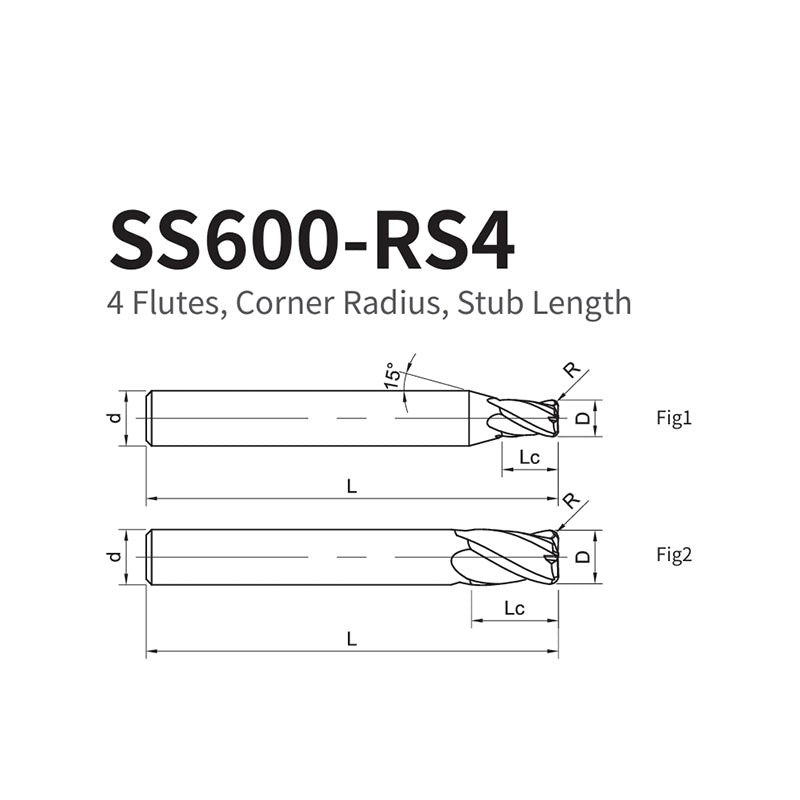 G-SS600-RS4 4 Flutes, Corner Radius, Stub Length