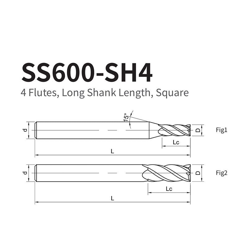 G-SS600-SH4 4 Flutes, Long Shank Length, Square