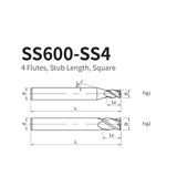 G-SS600-SS4 4 Flutes, Stub Length, Square