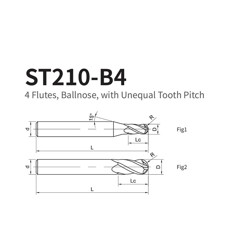 G-ST210-B4  4 Flutes, Ballnose, with Unequal Tooth Pitch