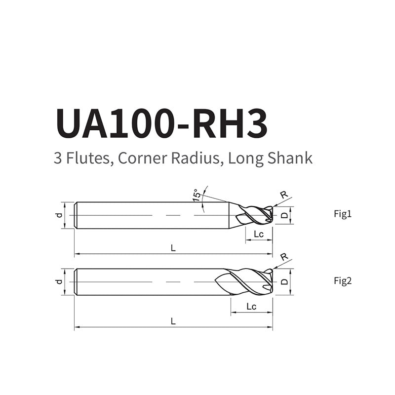 G-UA100-RH3 3 Flute Corner Radius Long Shank Endmills