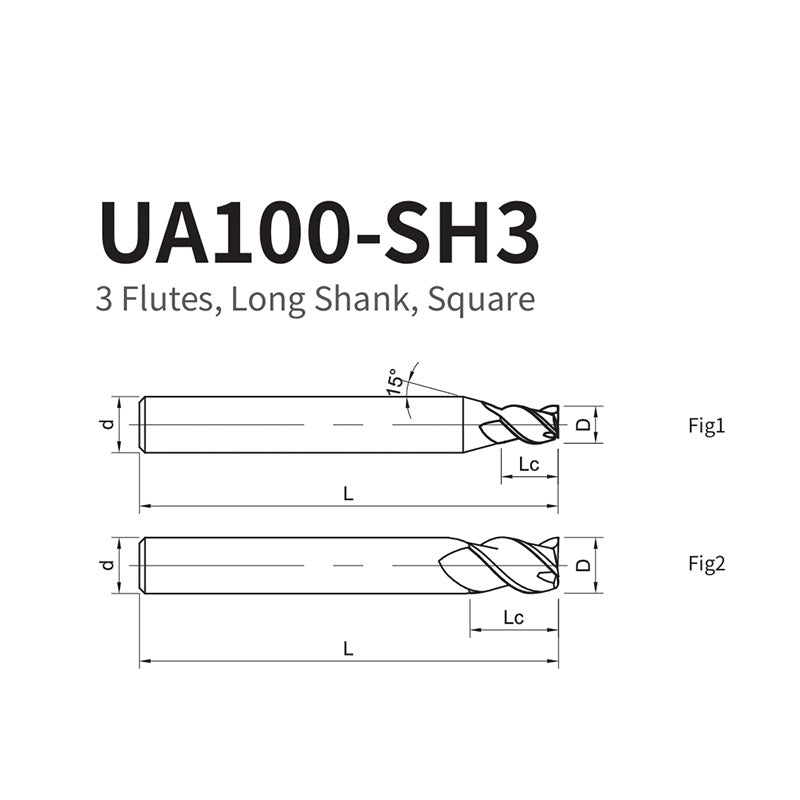 G-UA100-SH3 3 Flute Square Head Long Shank Endmills