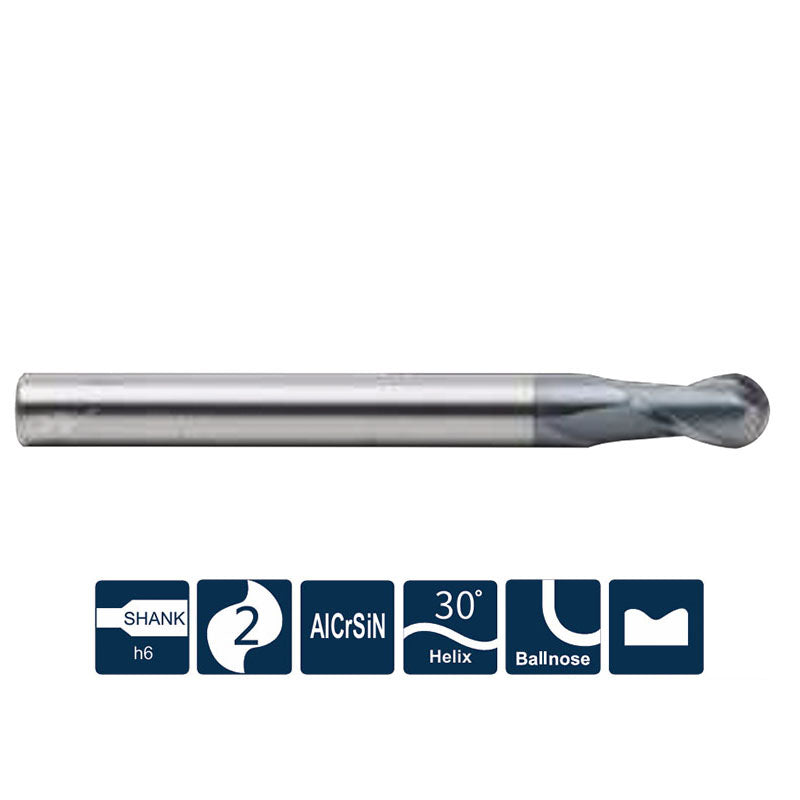 G-UP210-BH2 2 Flute Ballnose Long Shank Coated Endmills