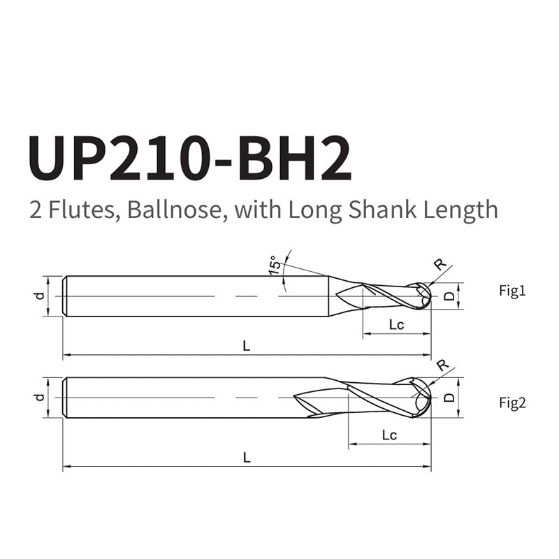 G-UP210-BH2 2 Flute Ballnose Long Shank Coated Endmills