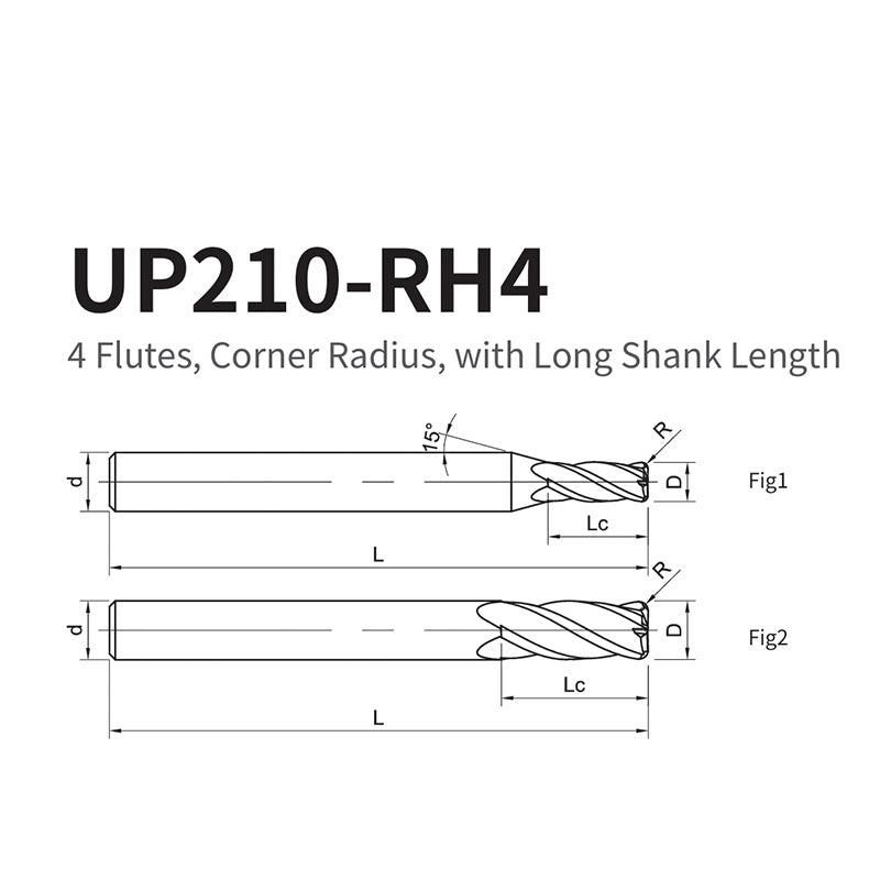 G-UP210-RH4 4 Flute Corner Radius Long Shank Coated Endmills