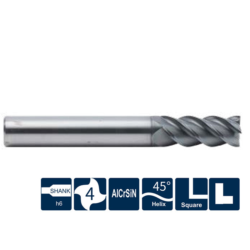 G-UP210-S4A 4 Flute Square Head Coated Endmills (45°Helix Angle)