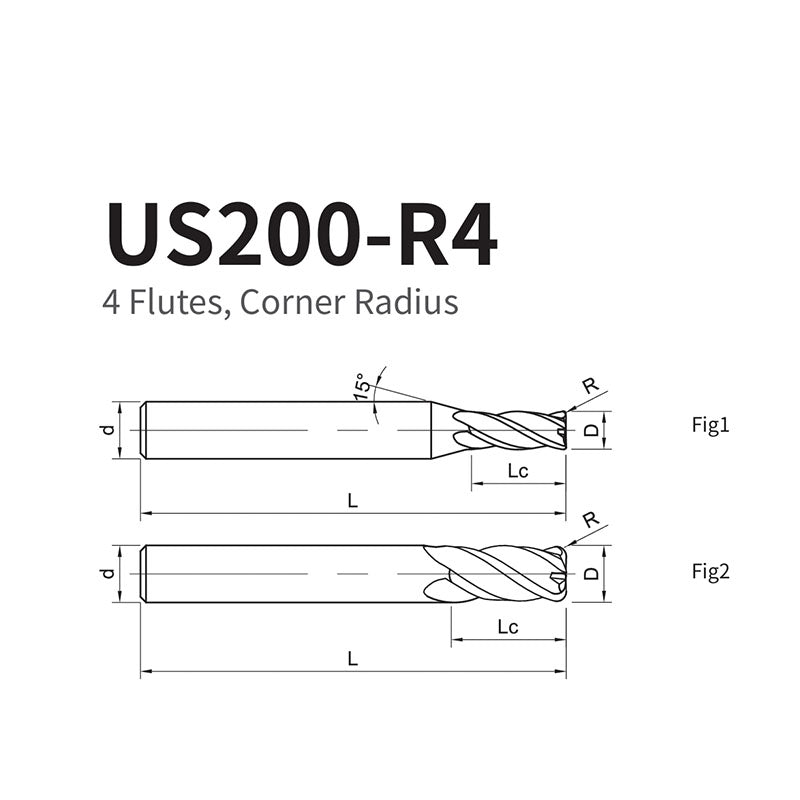 G-US200-R4 4 Flute Corner Radius Coated Endmills