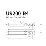 G-US200-R4 4 Flute Corner Radius Coated Endmills