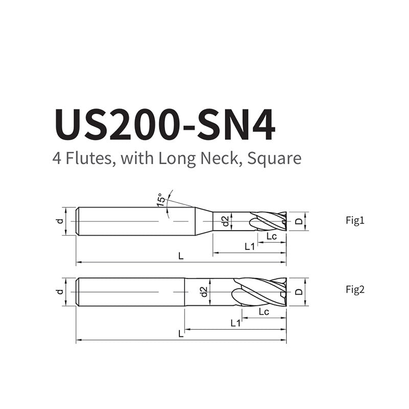 G-US200-SN4 4 flute, long neck, square coated endmill