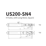 G-US200-SN4 4 flute, long neck, square coated endmill